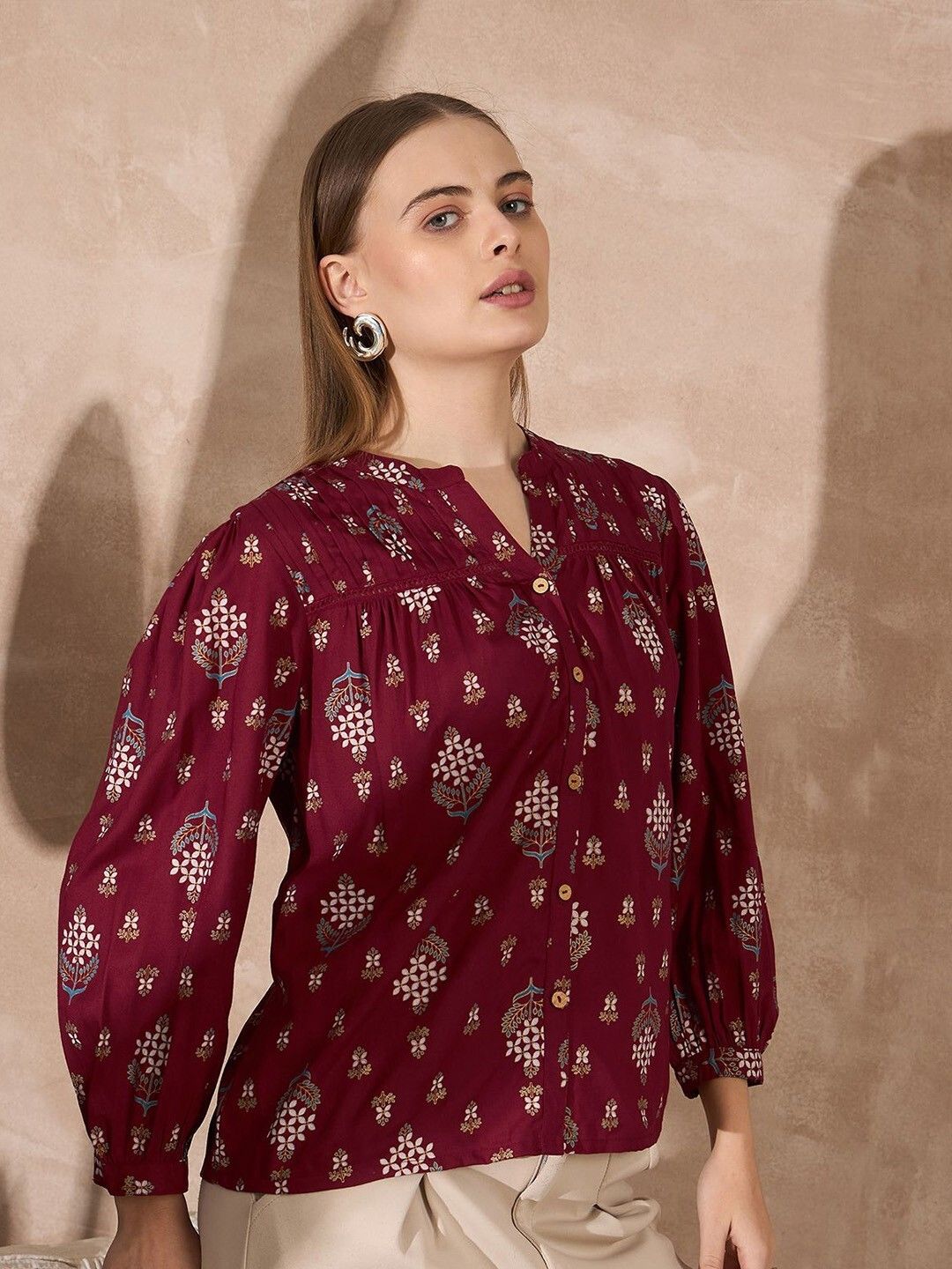 Casual Puff Sleeves Floral Print Women Maroon Top-image-44