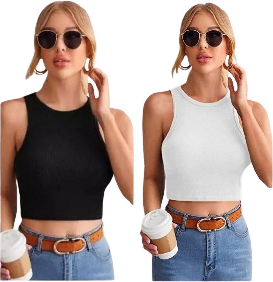 Pack of 2 Casual Sleeveless Solid Women White, Black Top