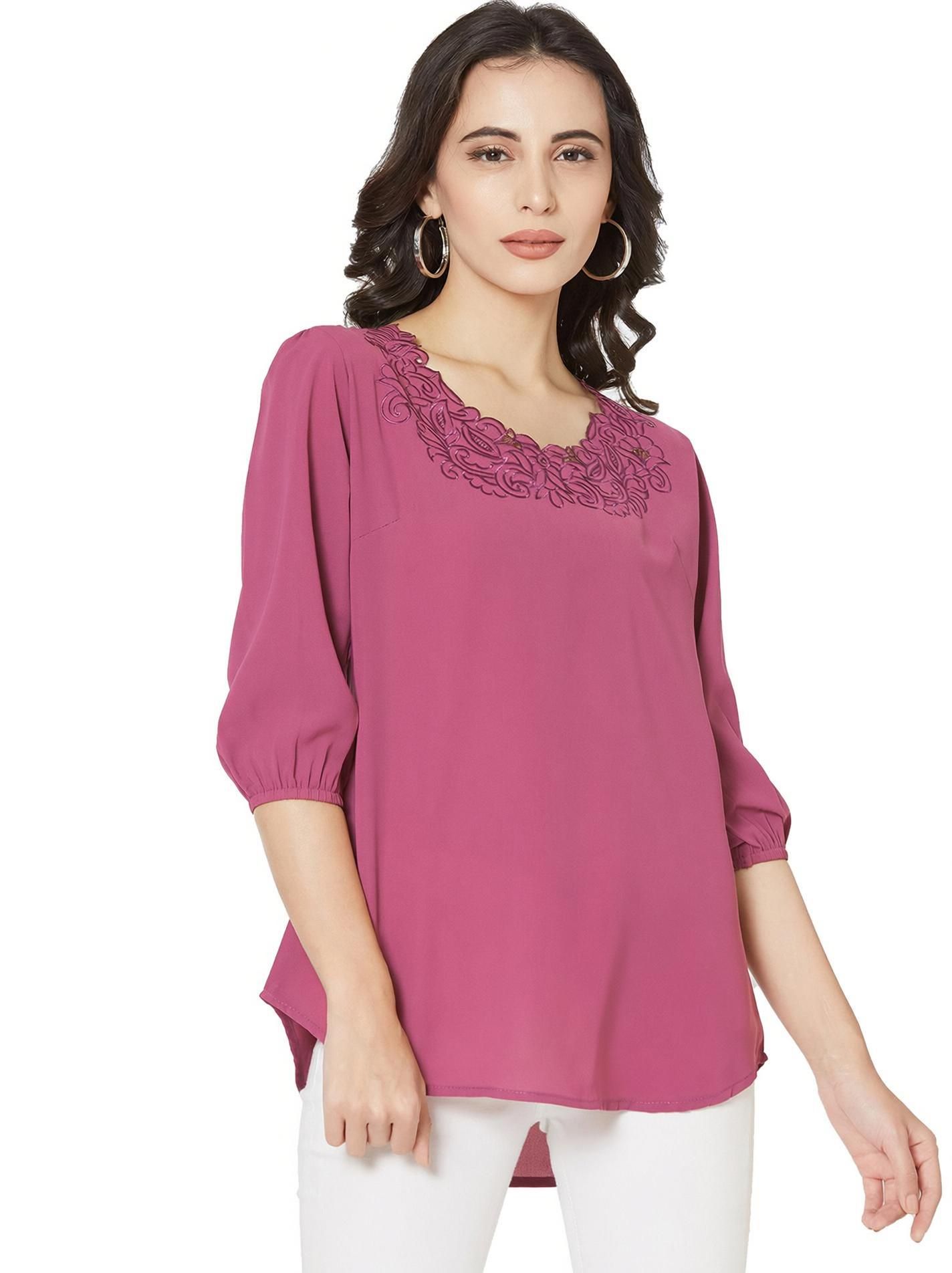go.4.it Casual Regular Sleeves Embroidered Women Pink Top-picture-11