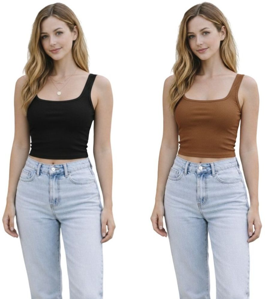 wallico Pack of 2 Casual Sleeveless Solid Women Black, Brown Top-picture-28