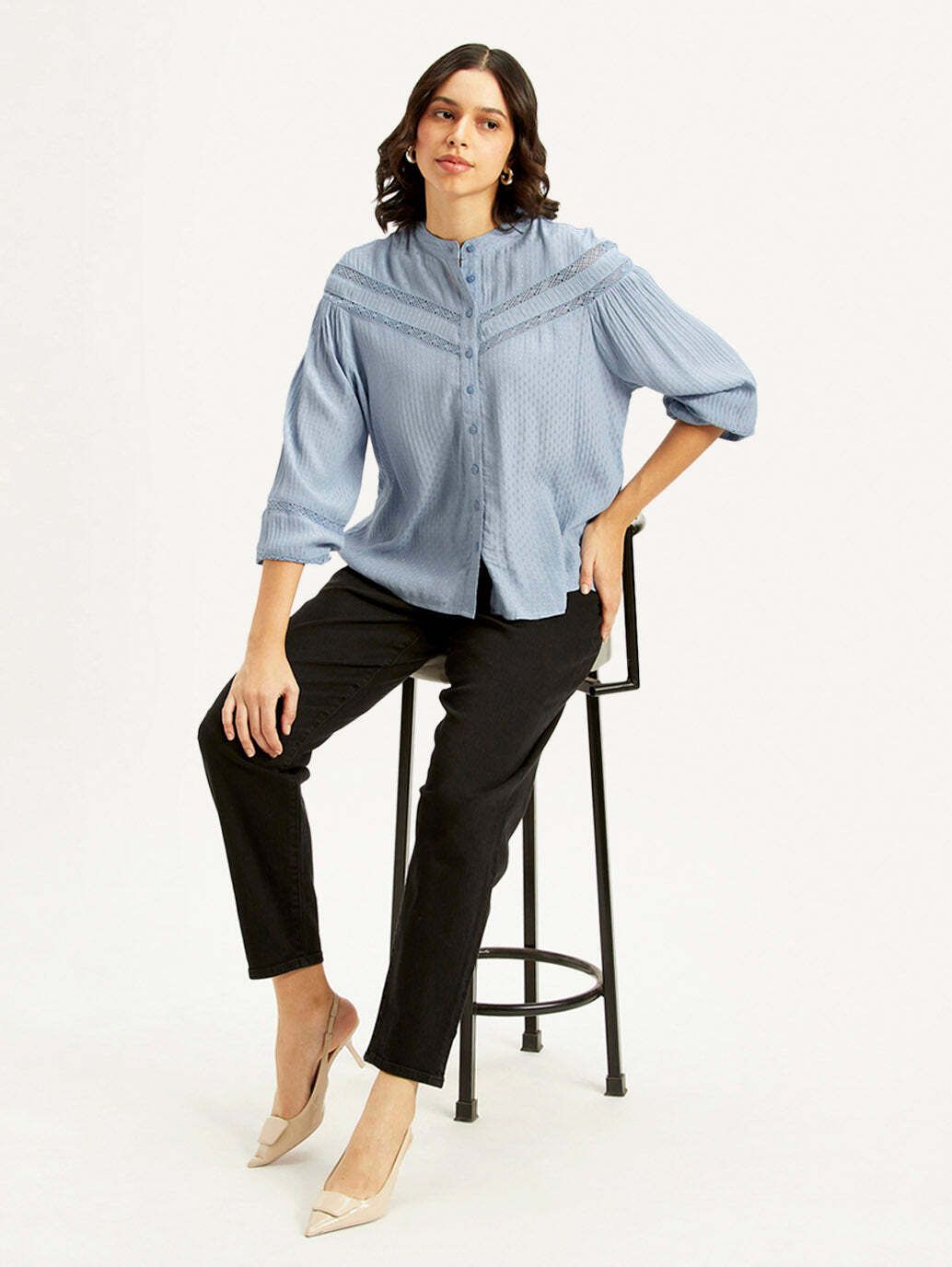 levi's Casual Regular Sleeves Self Design Women Blue Top-picture-11