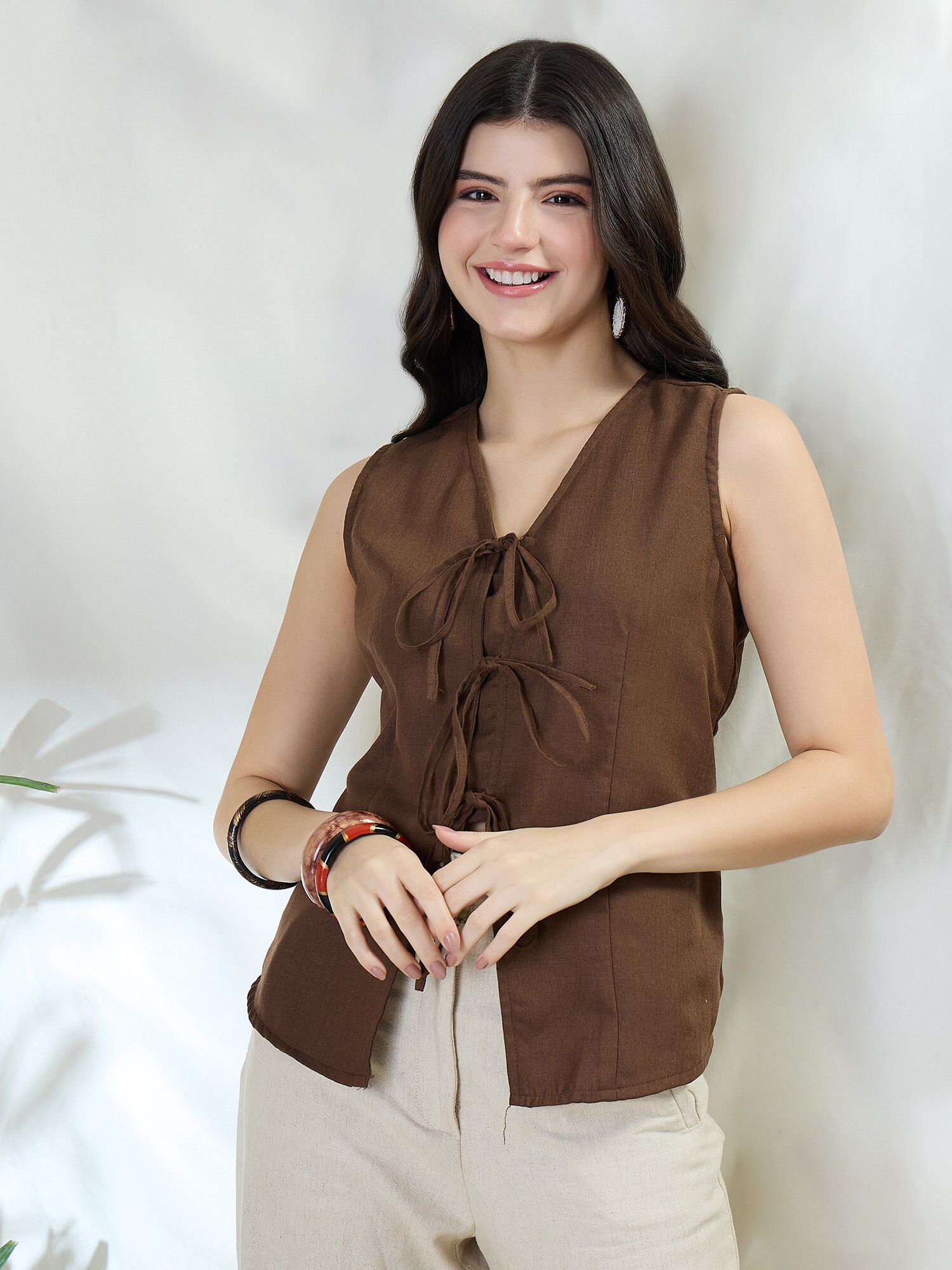 metronaut Casual Sleeveless Solid Women Brown Top-picture-21