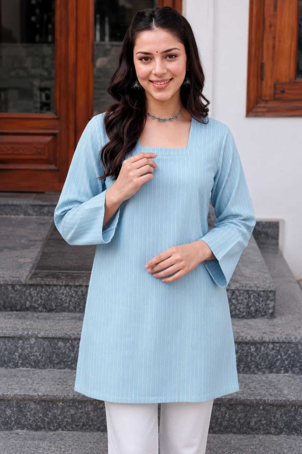 Party Regular Sleeves Striped Women Light Blue, Pink Top-image-29
