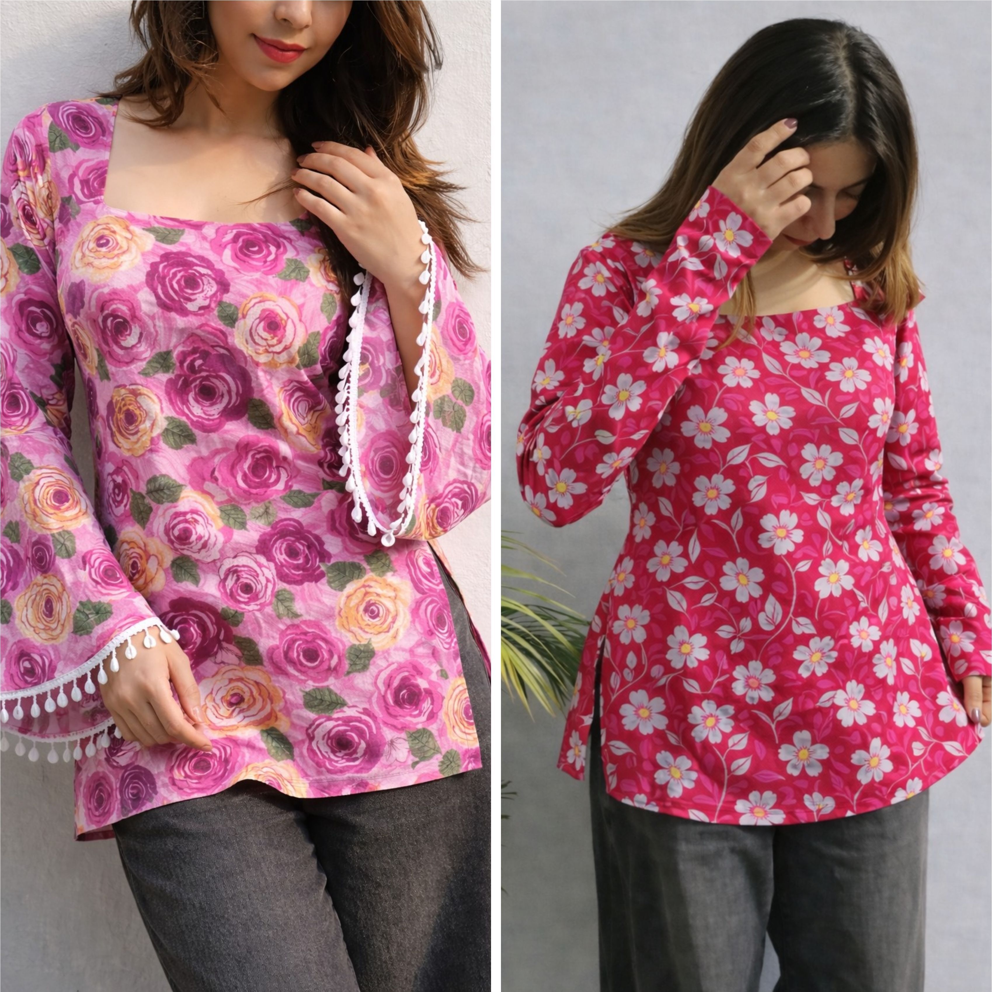 aosly Pack of 2 Casual Bell Sleeves Floral Print, Printed Women Pink, Red Top-picture-14