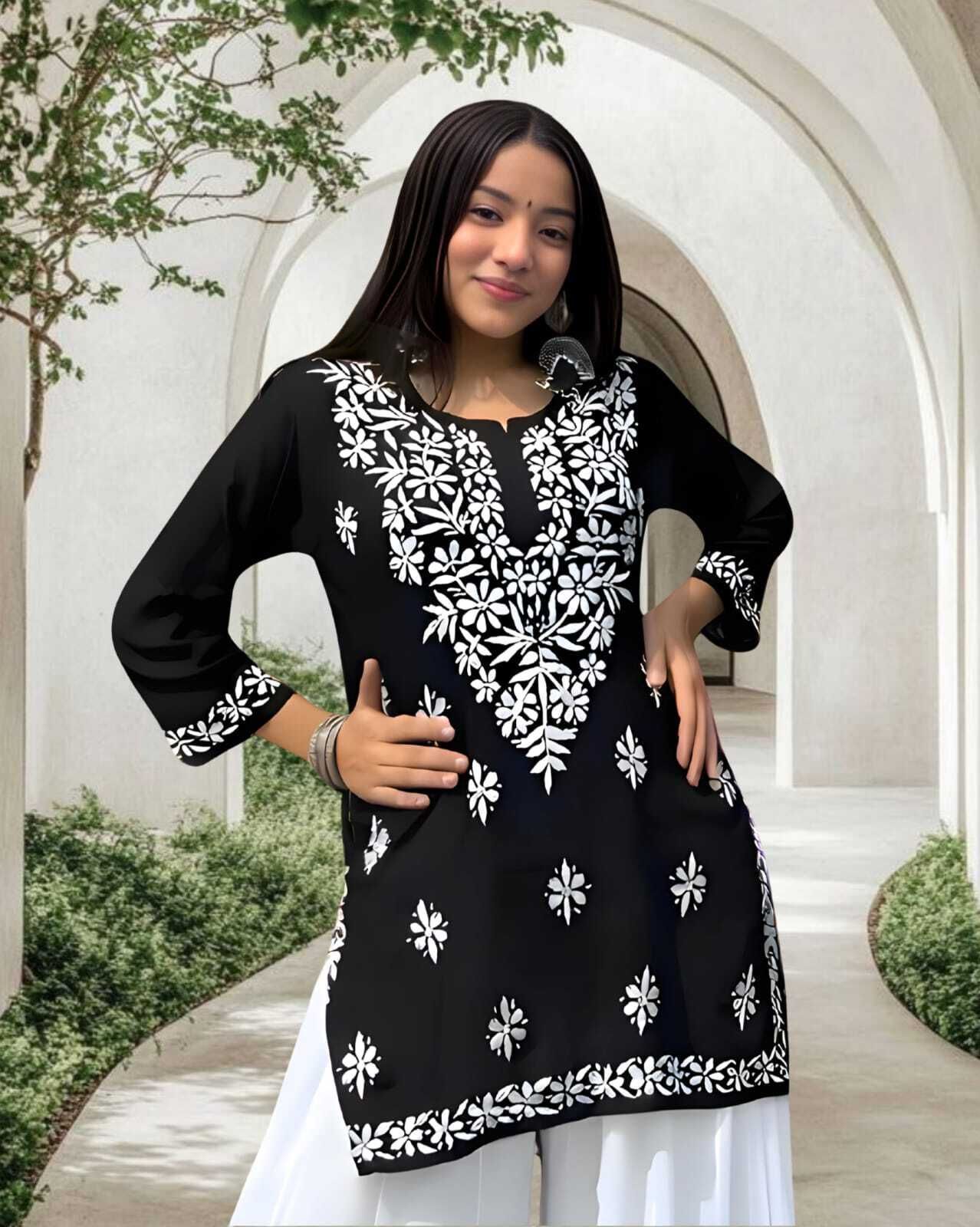 virass creation Casual Cap Sleeves Embroidered Women Black Top-picture-26