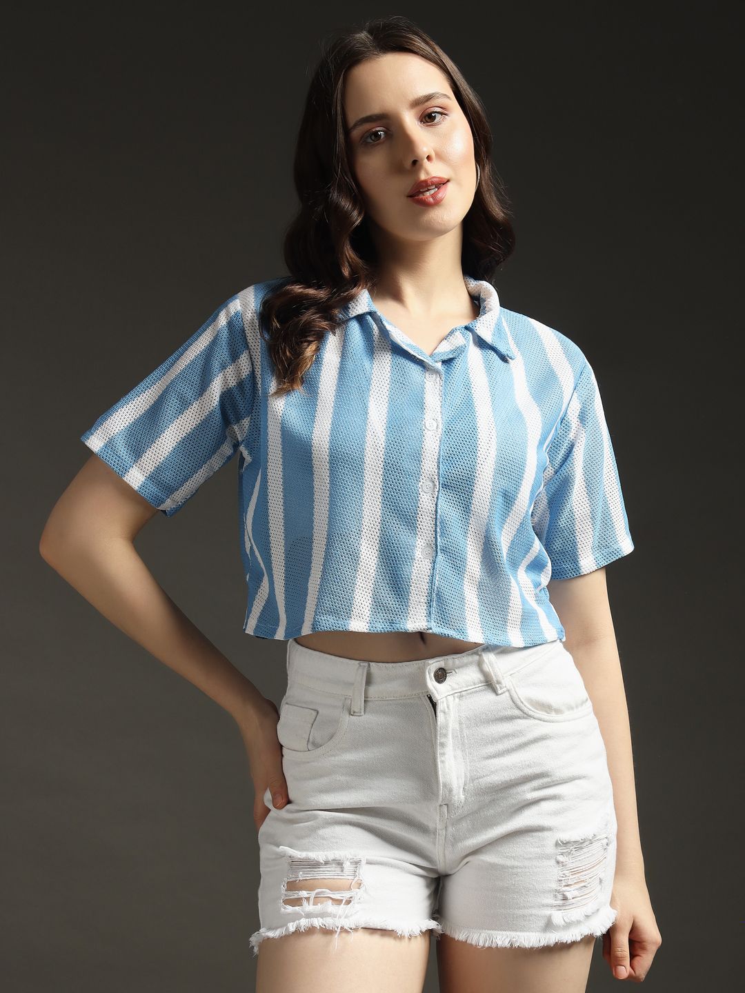 emeros Casual Regular Sleeves Striped Women Blue, White Top-picture-9