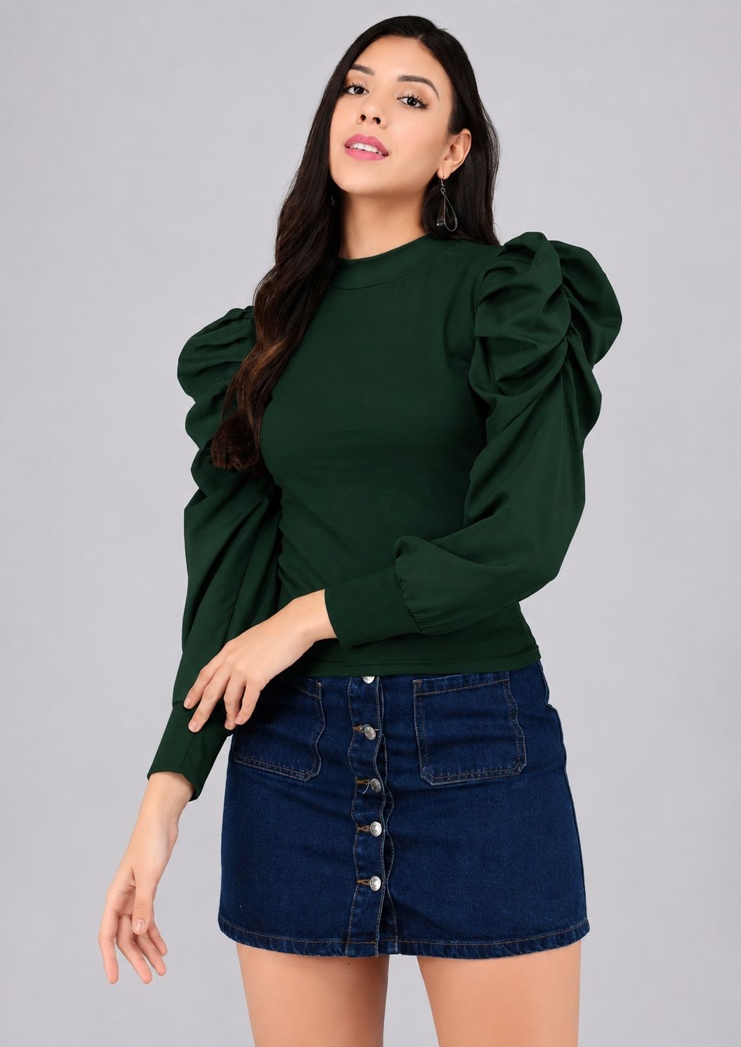 Casual Balloon Sleeve Solid Women Dark Green Top-image-46