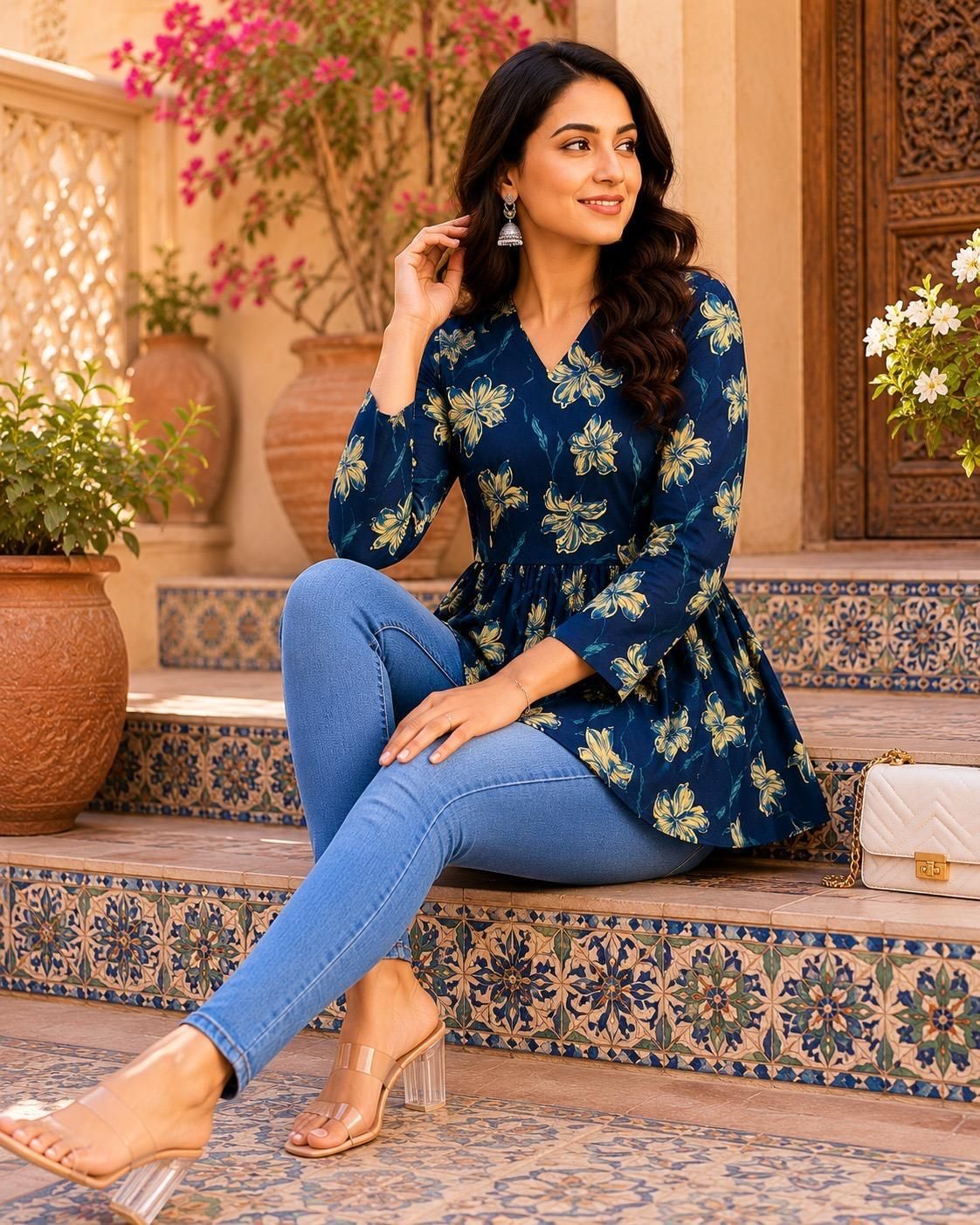 Casual Regular Sleeves Printed Women Blue Top-image-47