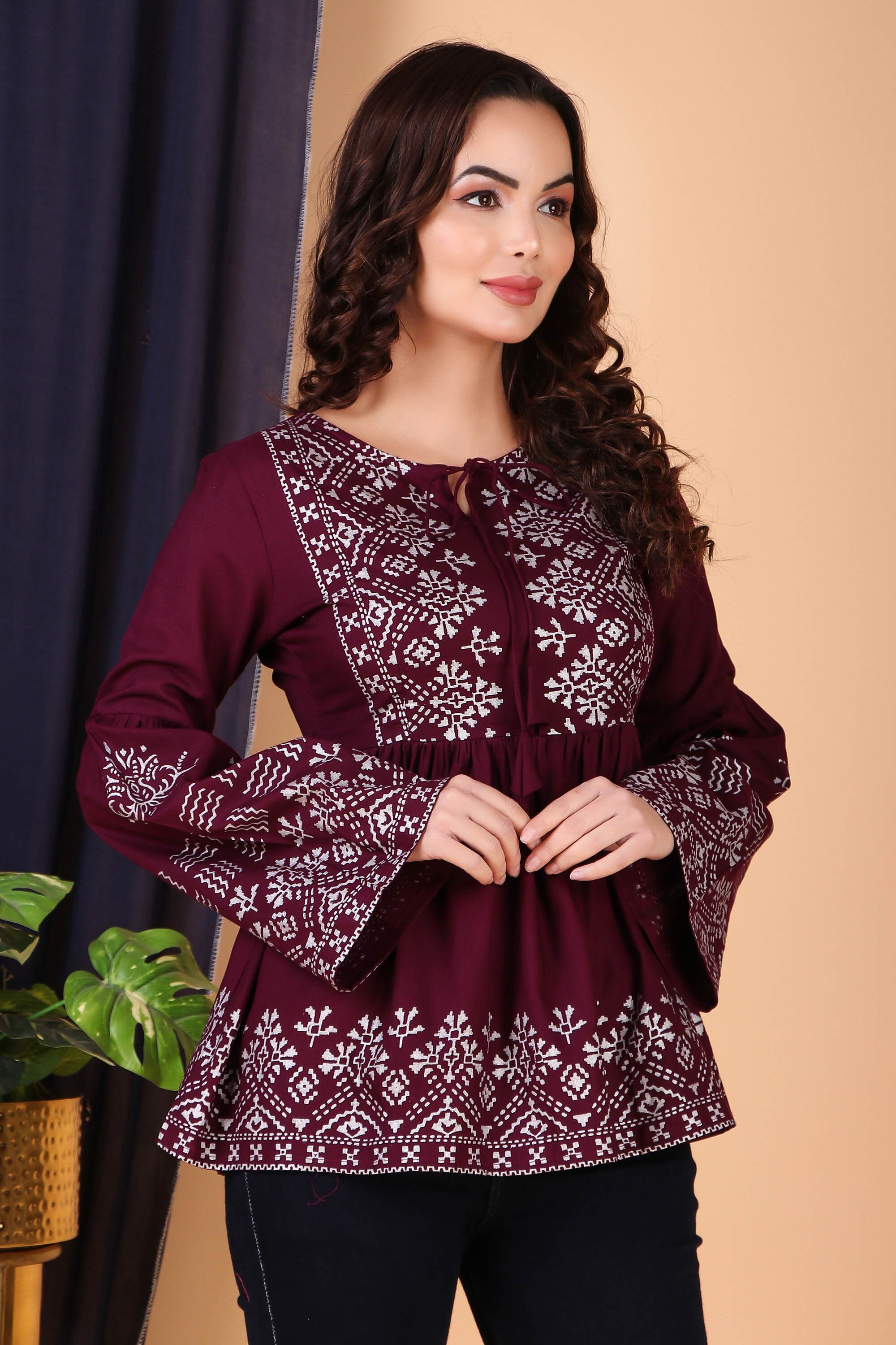 Casual Bell Sleeves Printed Women Maroon Top-image-29