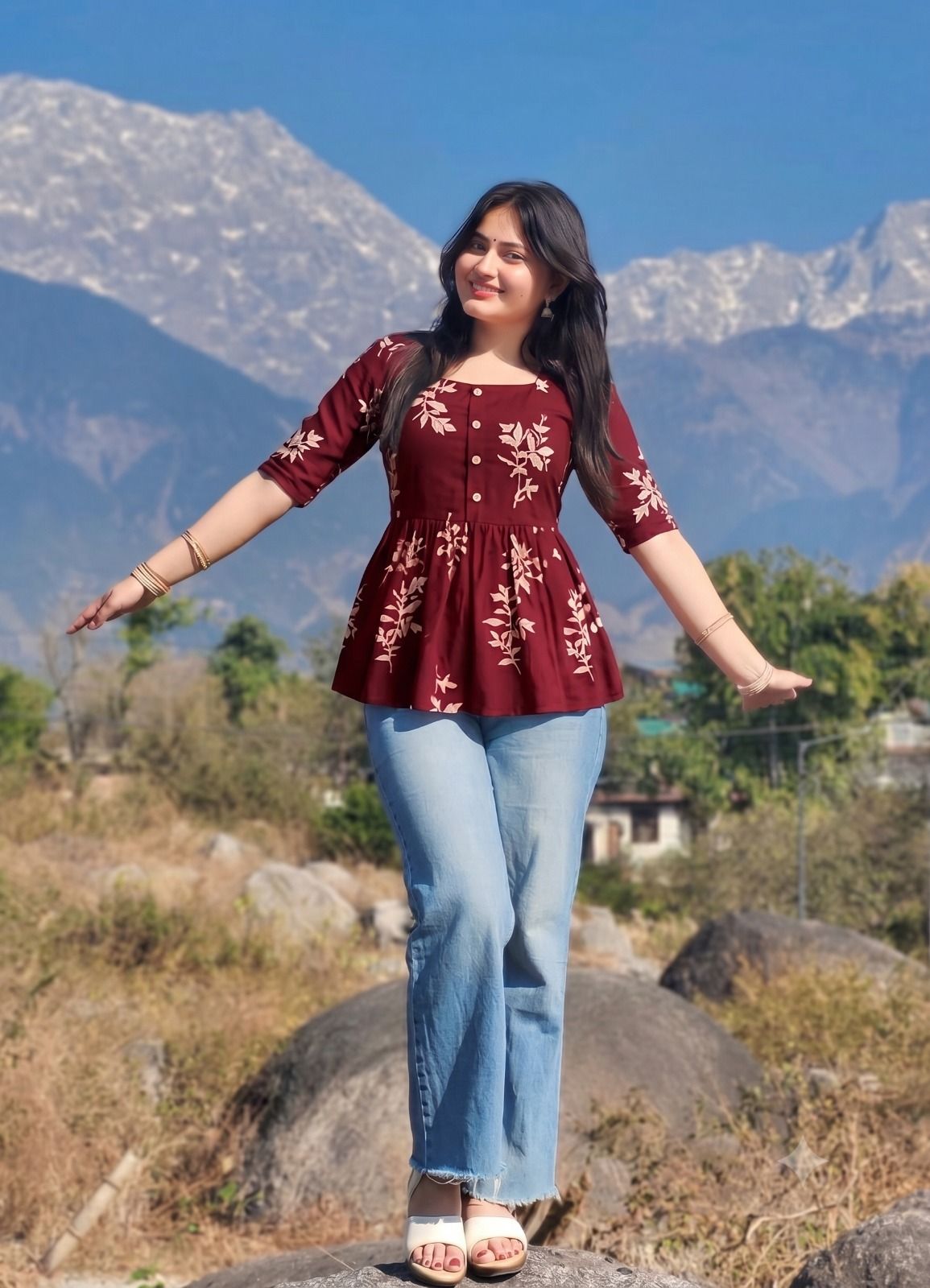 Casual Regular Sleeves Floral Print Women Maroon Top-image-43