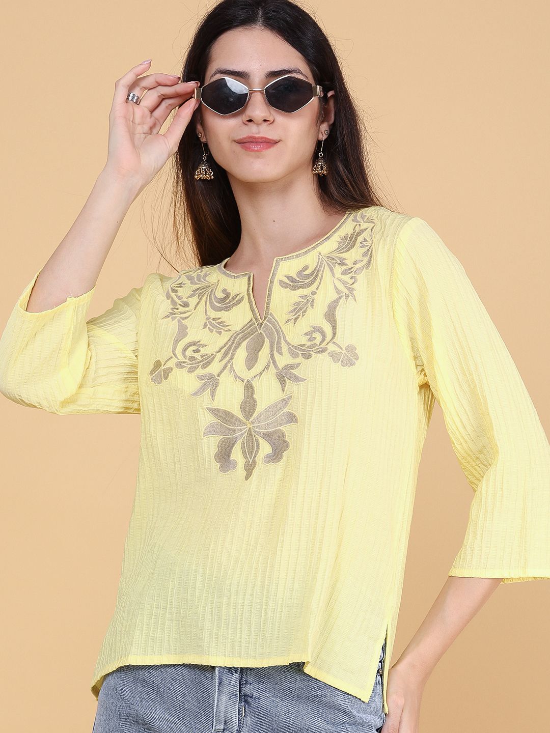 v-mart Casual Regular Sleeves Self Design Women Yellow Top-picture-6