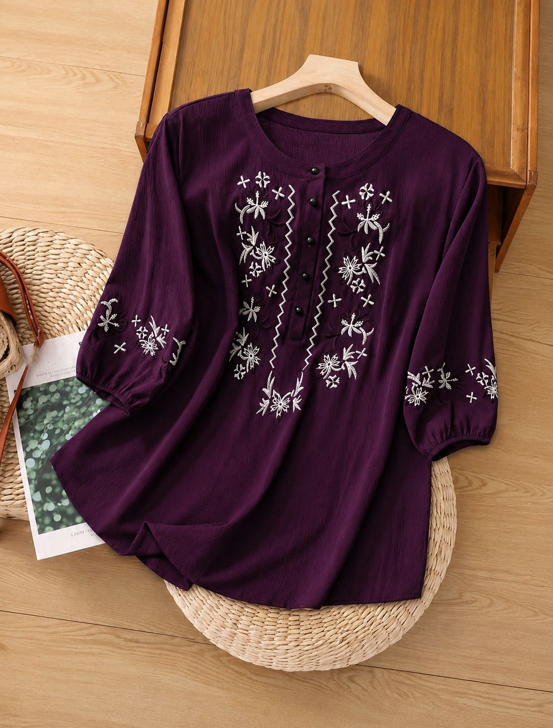 Casual Regular Sleeves Embroidered Women Purple Top-image-44