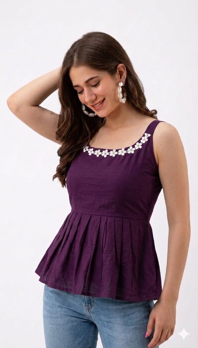Casual Shoulder Straps Embroidered Women Purple Top-image-37