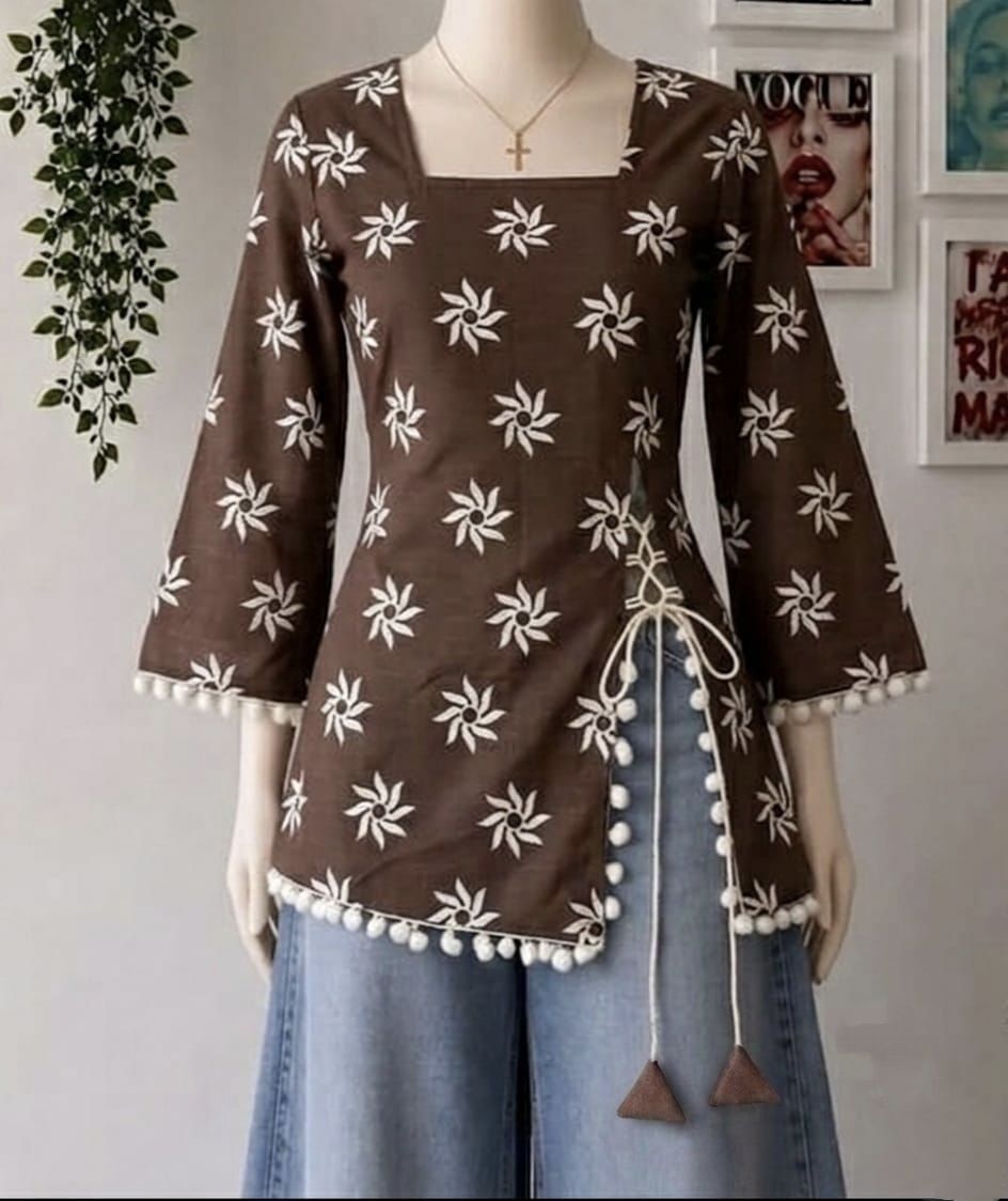 fabricfetch textiles Casual Regular Sleeves Floral Print Women Brown Top-picture-16