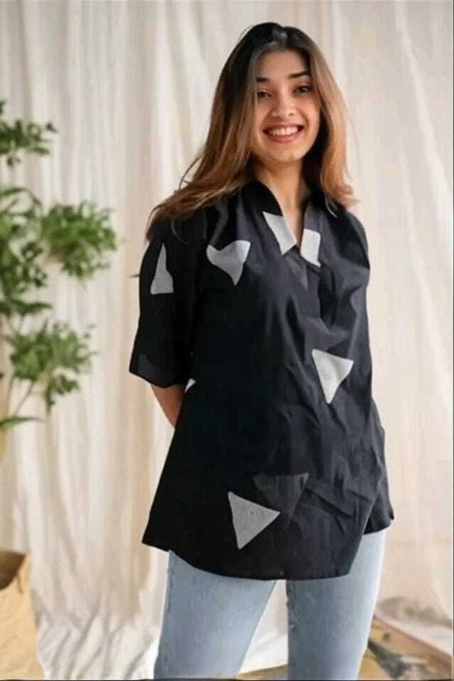 Casual Regular Sleeves Printed, Geometric Print Women Black Top