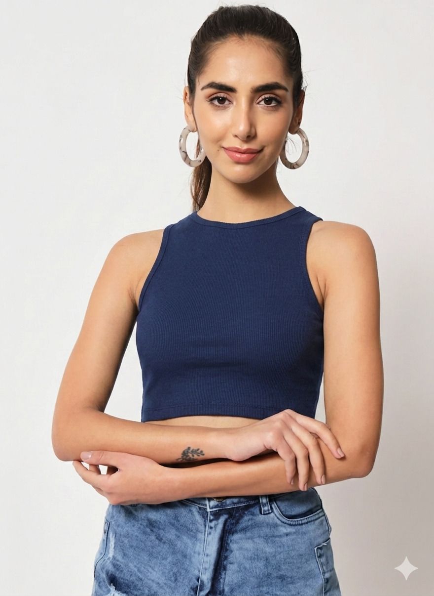 Casual Sleeveless Self Design Women Dark Blue Top-image-45