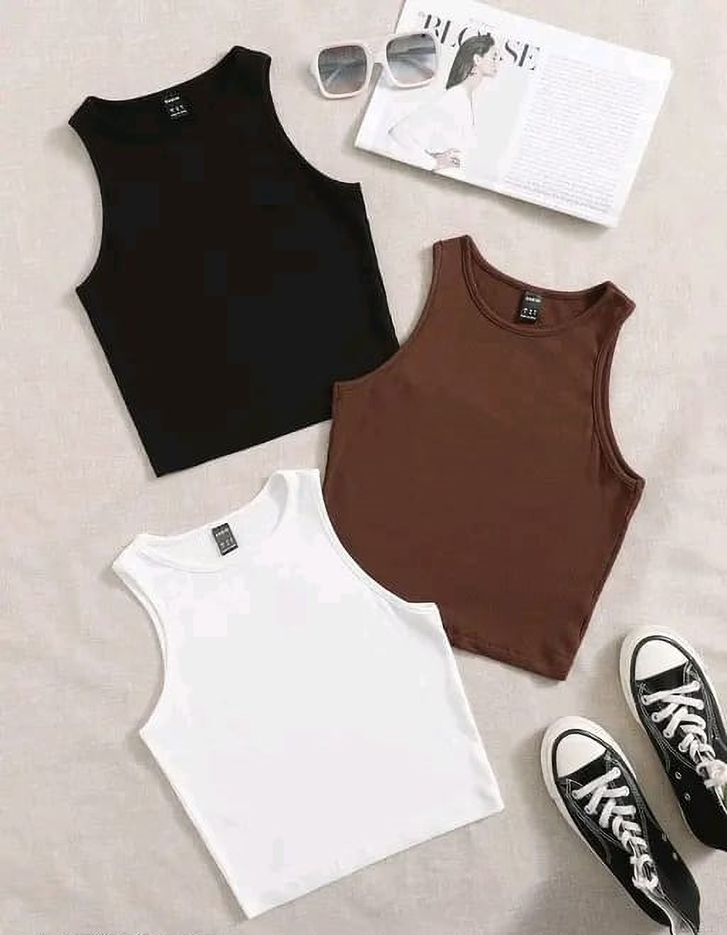 metronaut Pack of 3 Casual Sleeveless Solid Women Brown, Black, White Top-picture-12