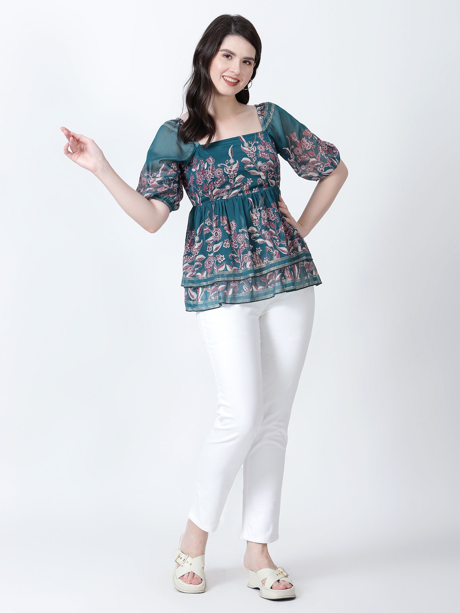 Party Balloon Sleeve Printed Women Green Top-image-5