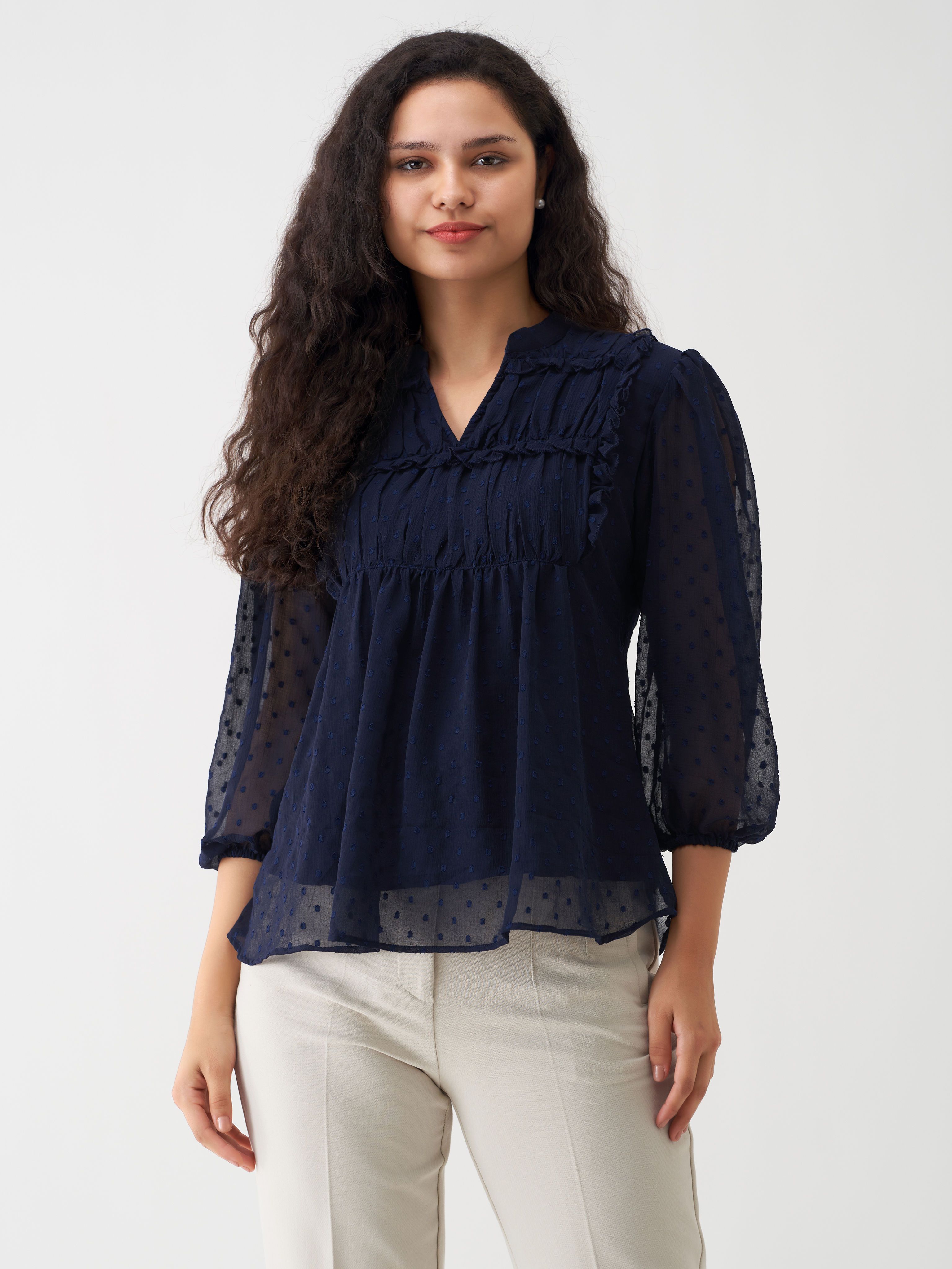 Casual Regular Sleeves Self Design Women Dark Blue Top