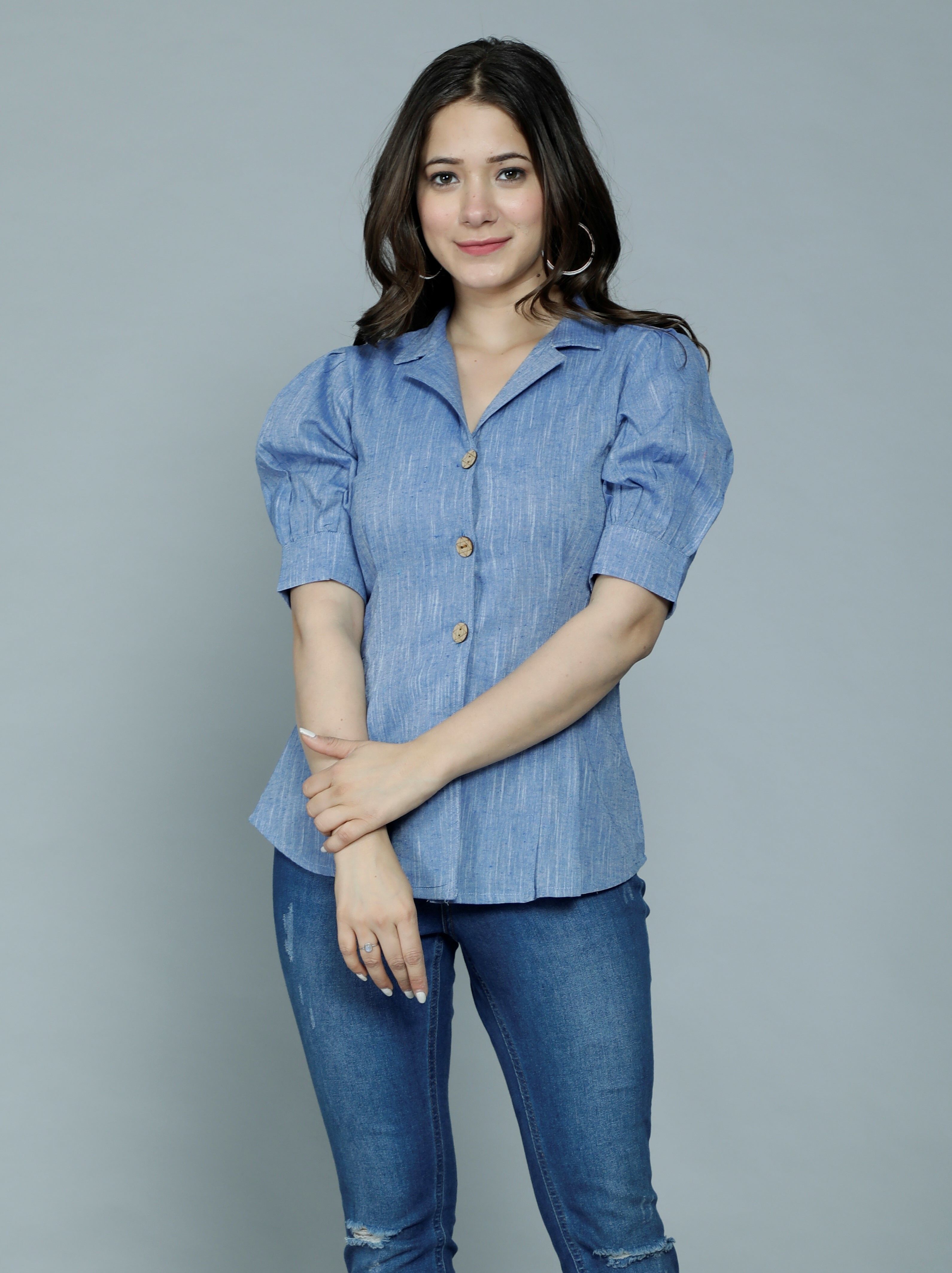 Casual Regular Sleeves Solid Women Blue Top