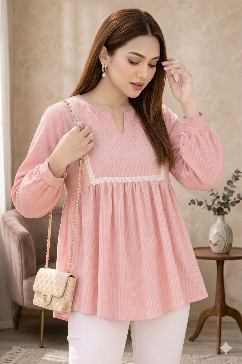 Casual Cuffed Sleeves Self Design Women Pink Top-image-49