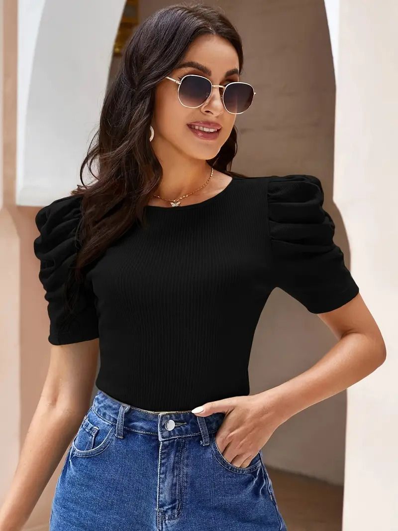 popwings Casual Puff Sleeves Self Design Women Black Top-picture-10