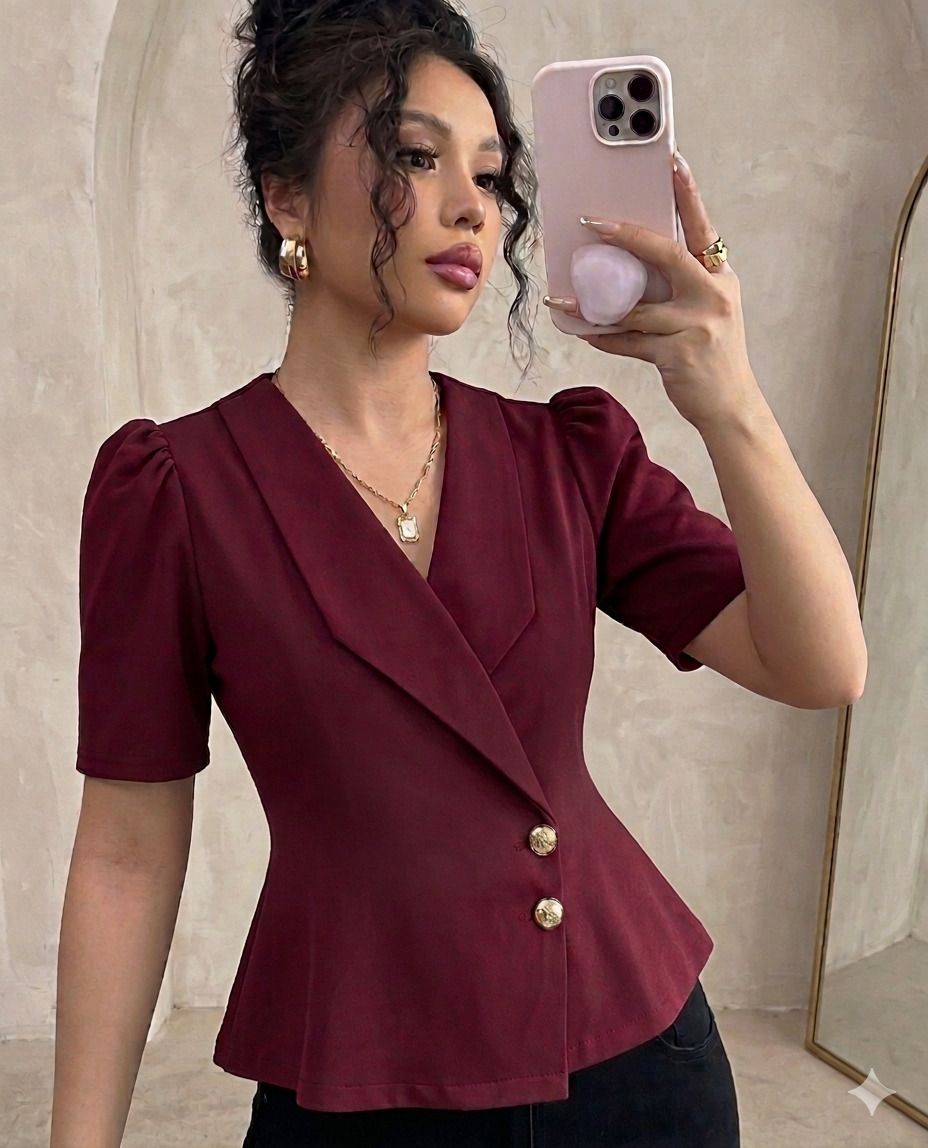 Formal Puff Sleeves Solid Women Maroon Top-image-13