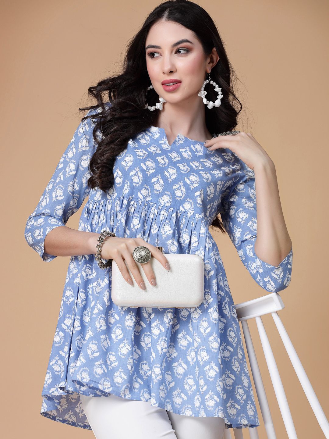 Casual Regular Sleeves Printed Women Light Blue, White Top-image-42