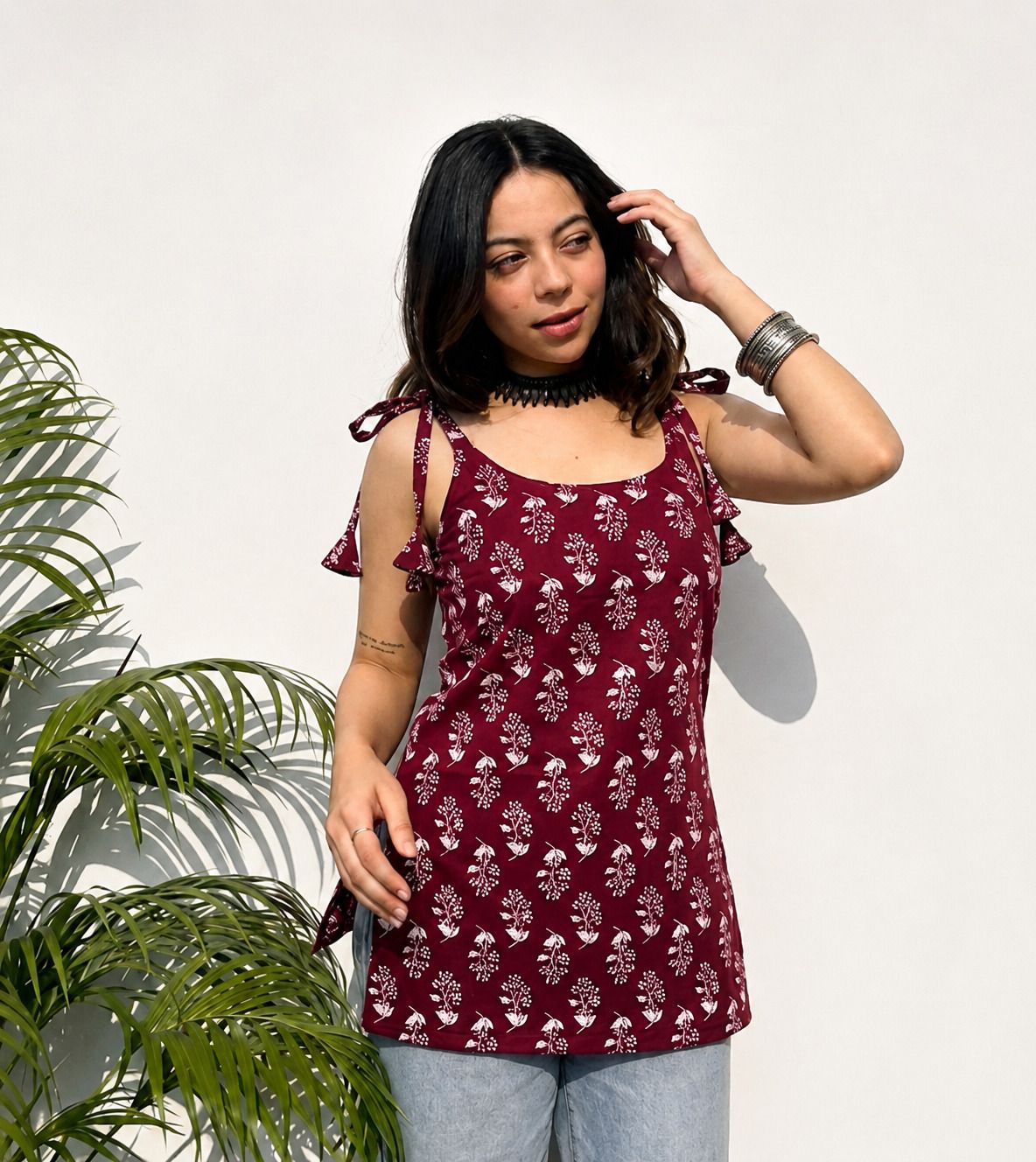 Casual Shoulder Straps Printed, Floral Print Women Maroon Top-image-33