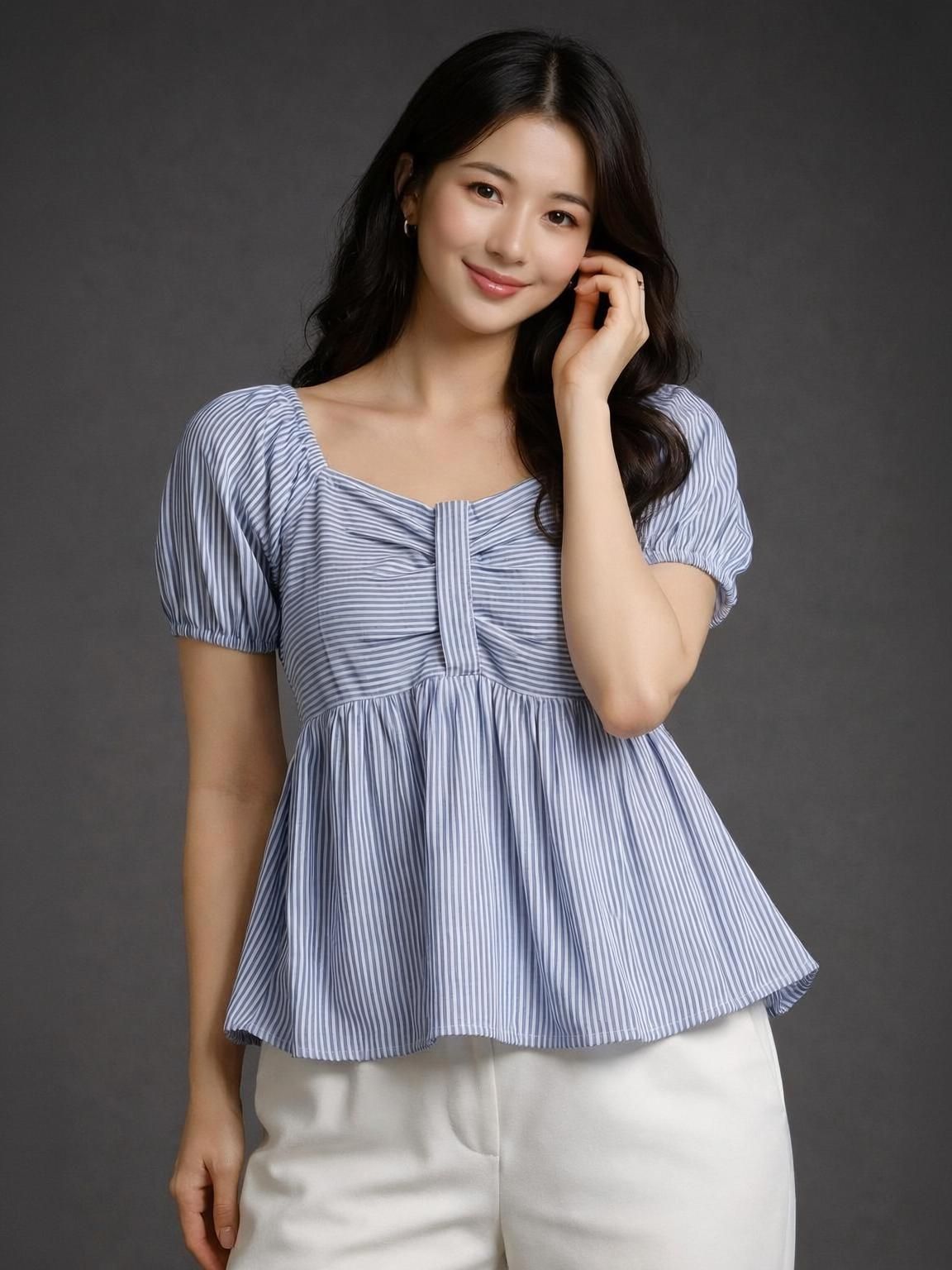 Casual Puff Sleeves Striped Women Blue Top-image-29