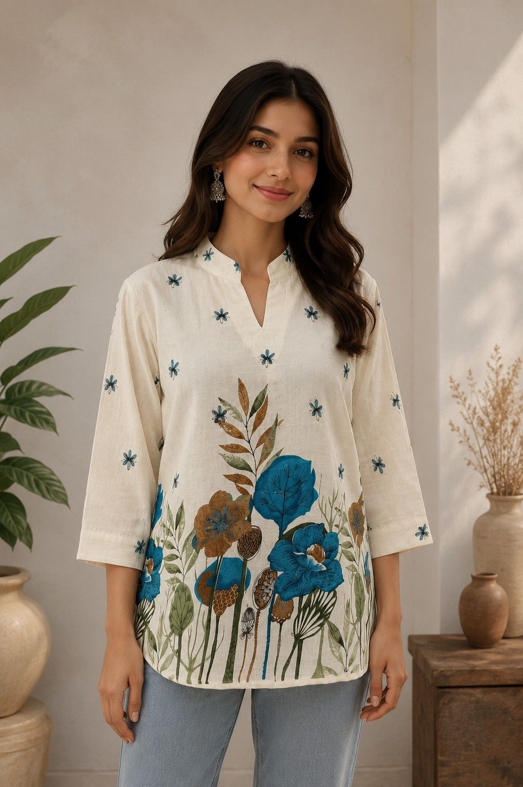 Casual Regular Sleeves Floral Print Women Blue Top-image-21