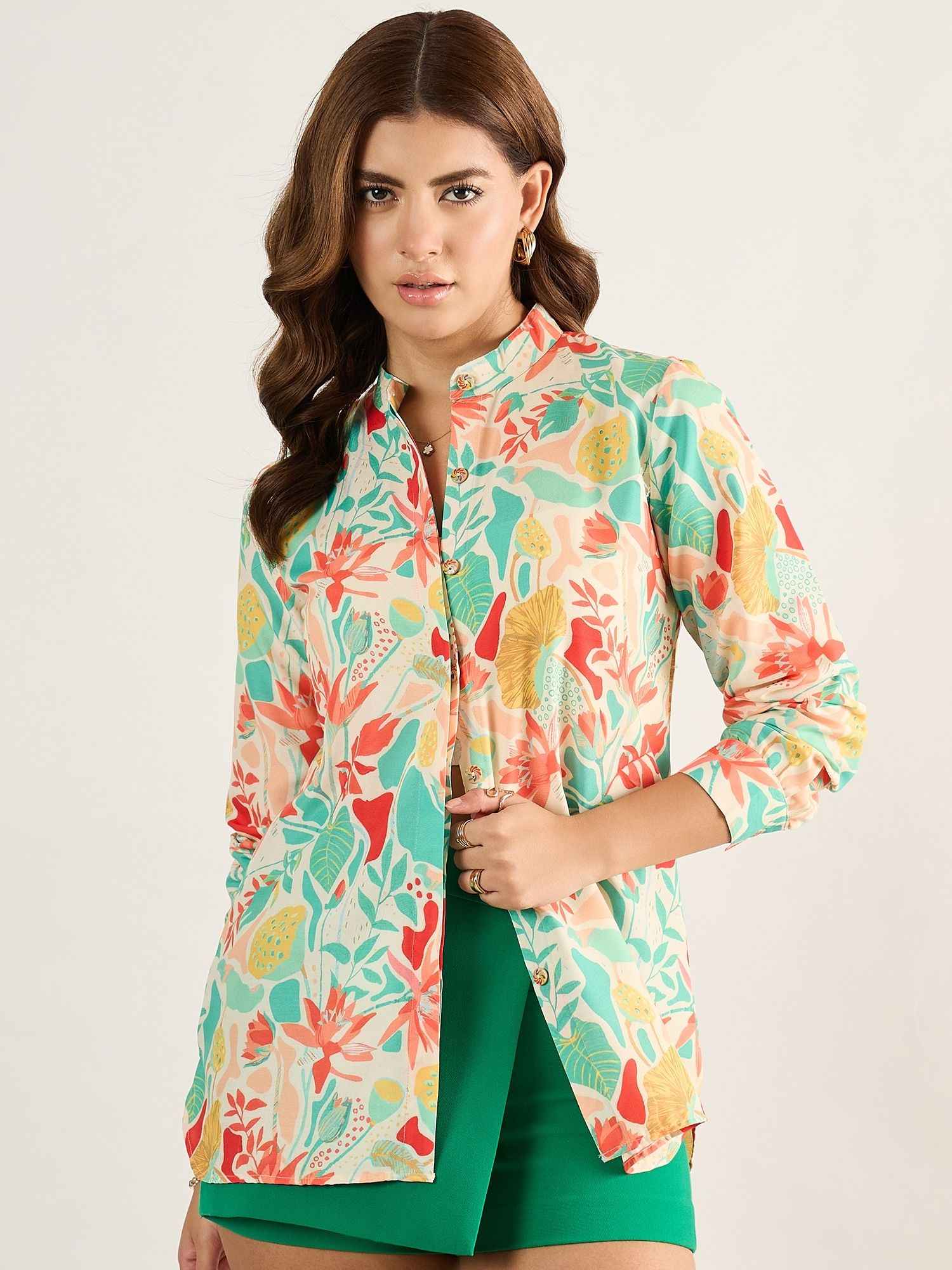 houseofcommon Women Regular Fit Printed Mandarin Collar Casual Shirt-picture-13
