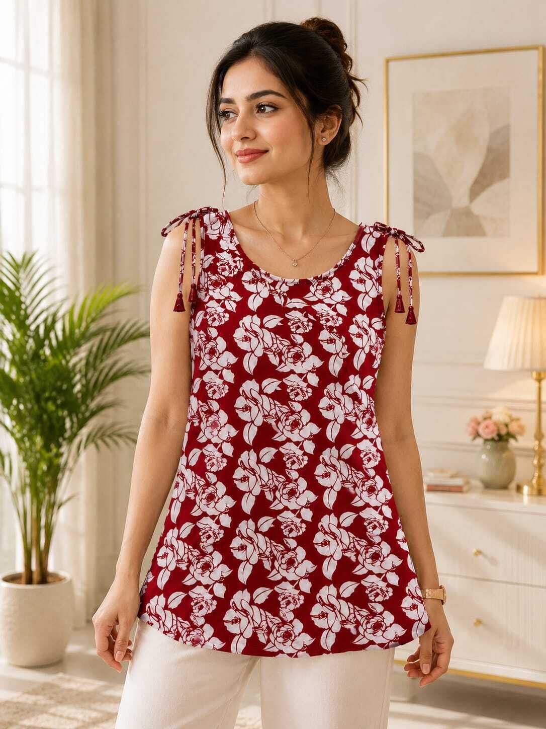 Casual Sleeveless Floral Print, Printed Women Red, White Top-image-4