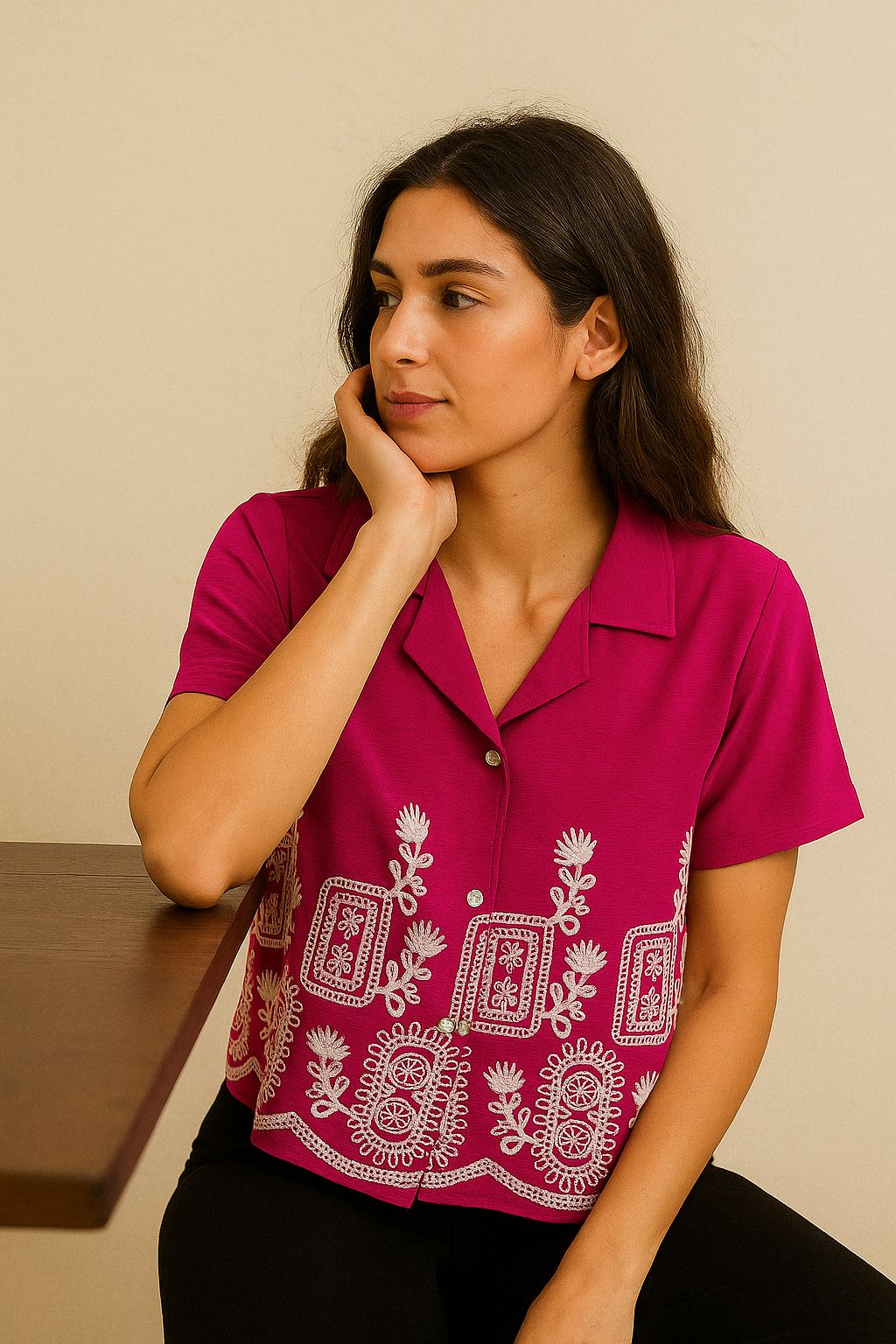 Women Embroidered V Neck Cotton Blend Maroon T-Shirt-image-7