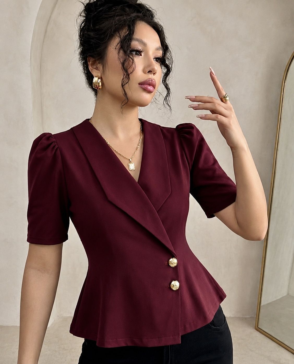 Formal Puff Sleeves Solid Women Maroon Top-image-15