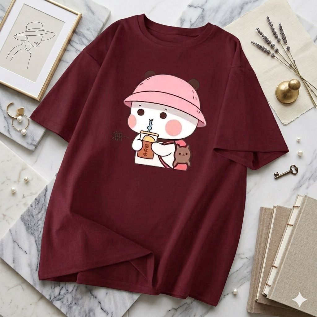 mapeltrendfrox Women Cartoon Round Neck Cotton Blend Maroon T-Shirt-picture-17