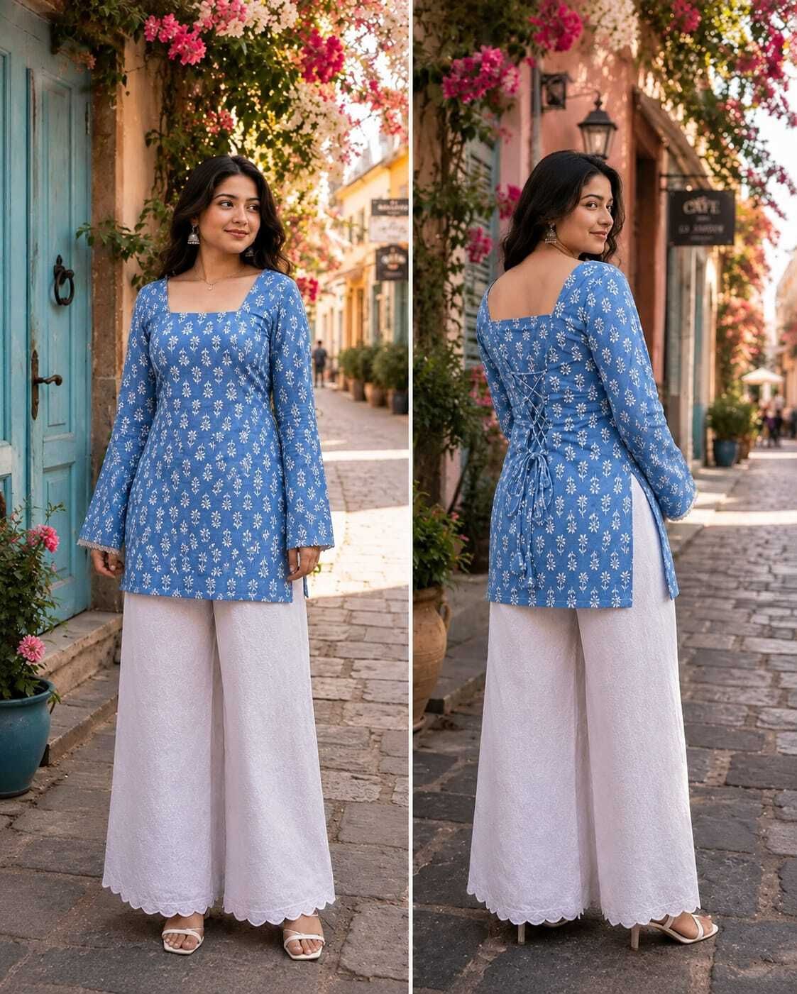 Casual Bell Sleeves Floral Print Women Light Blue Top-image-3