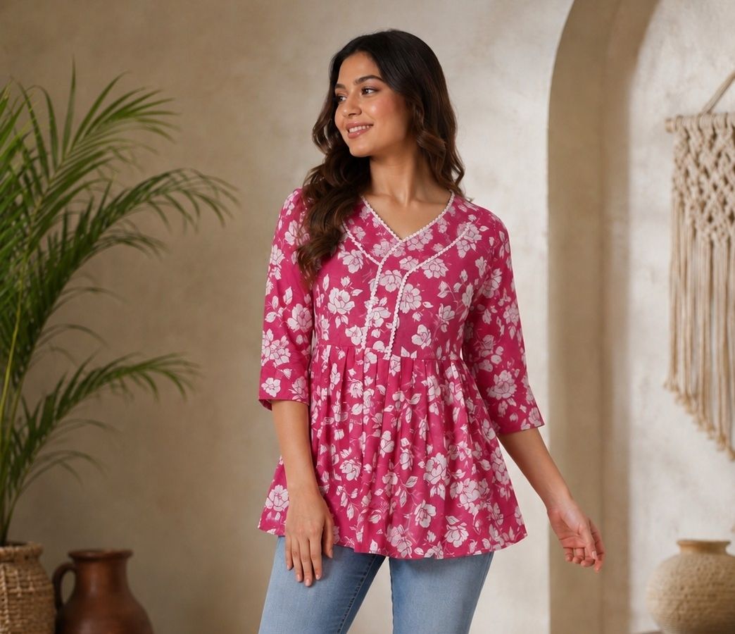 bharatbuy retailer Casual Regular Sleeves Floral Print Women Pink Top-picture-33
