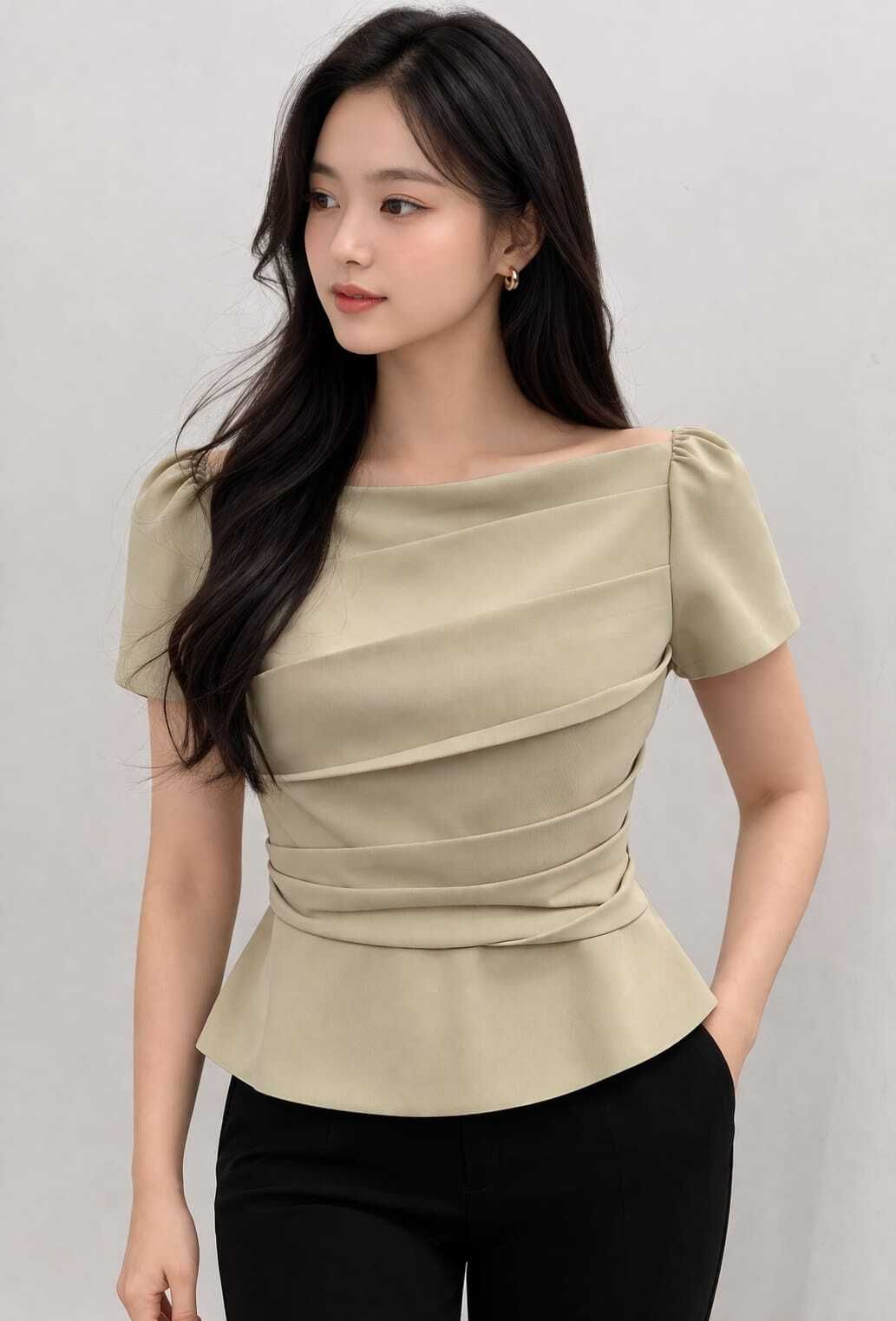Formal Puff Sleeves Self Design Women Beige Top-image-47