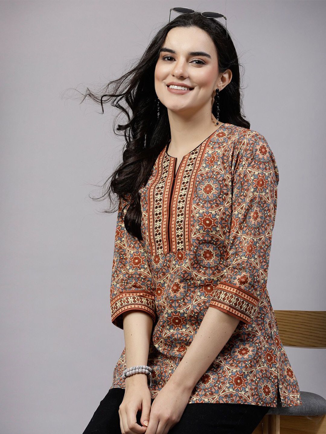Casual Regular Sleeves Printed Women Brown Top-image-28