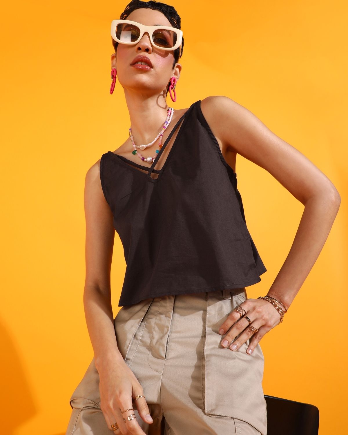 Party Shoulder Straps Solid Women Brown Top-image-10