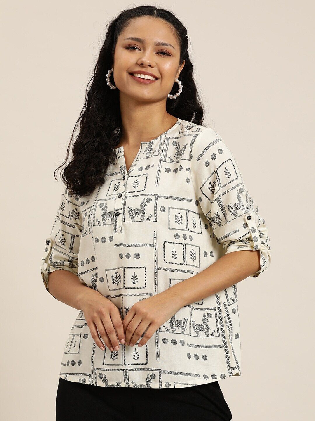 Casual Regular Sleeves Printed Women White, Black Top