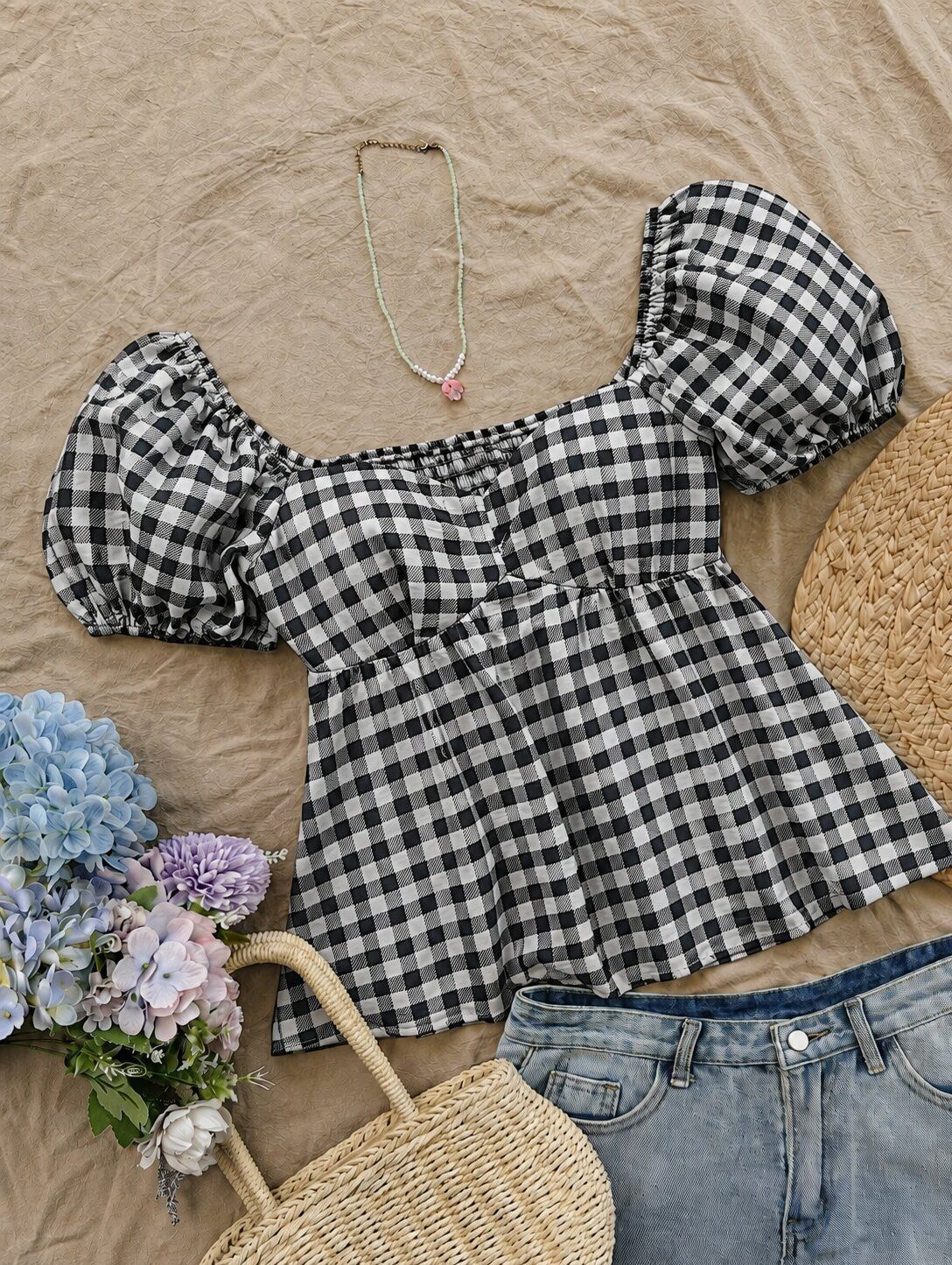 Casual Ruffled Sleeves Checkered Women White Top-image-39