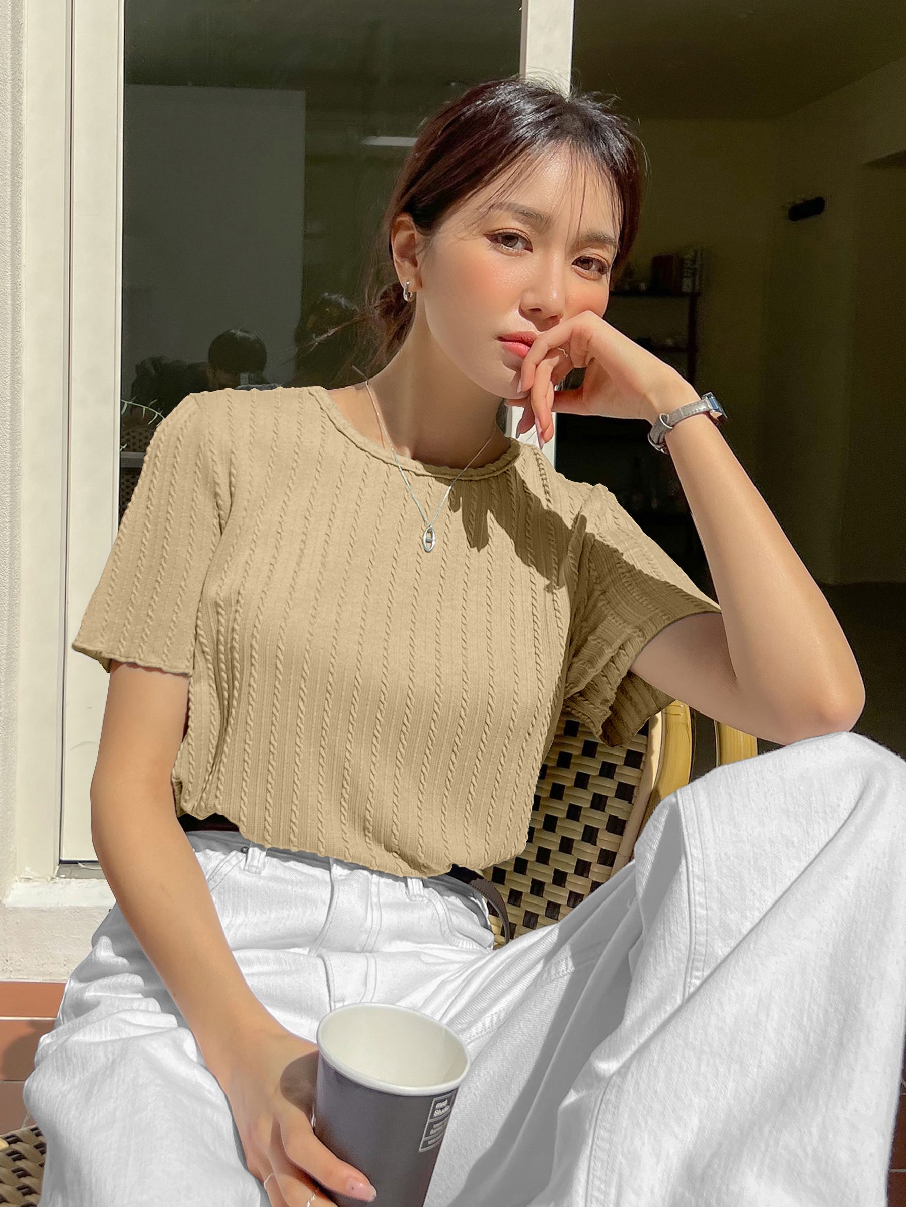 Casual Regular Sleeves Self Design Women Beige Top-image-23