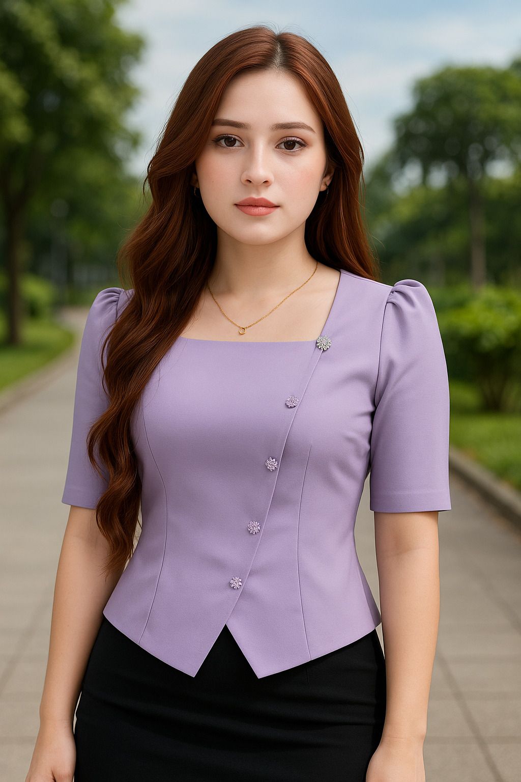 Casual Puff Sleeves Solid Women Purple Top-image-1