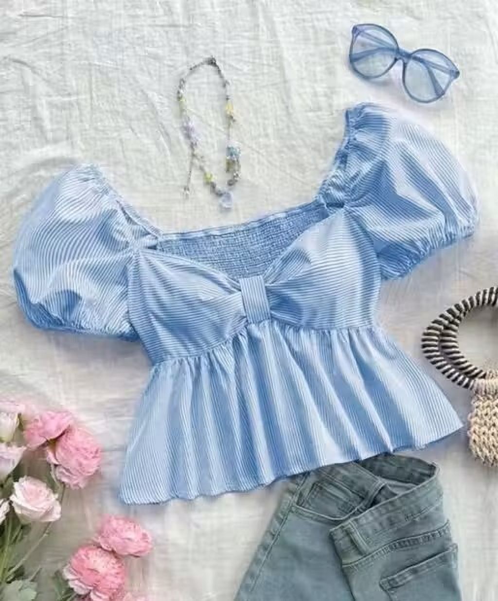 dzeb Casual Puff Sleeves Striped Women Light Blue Top-picture-21