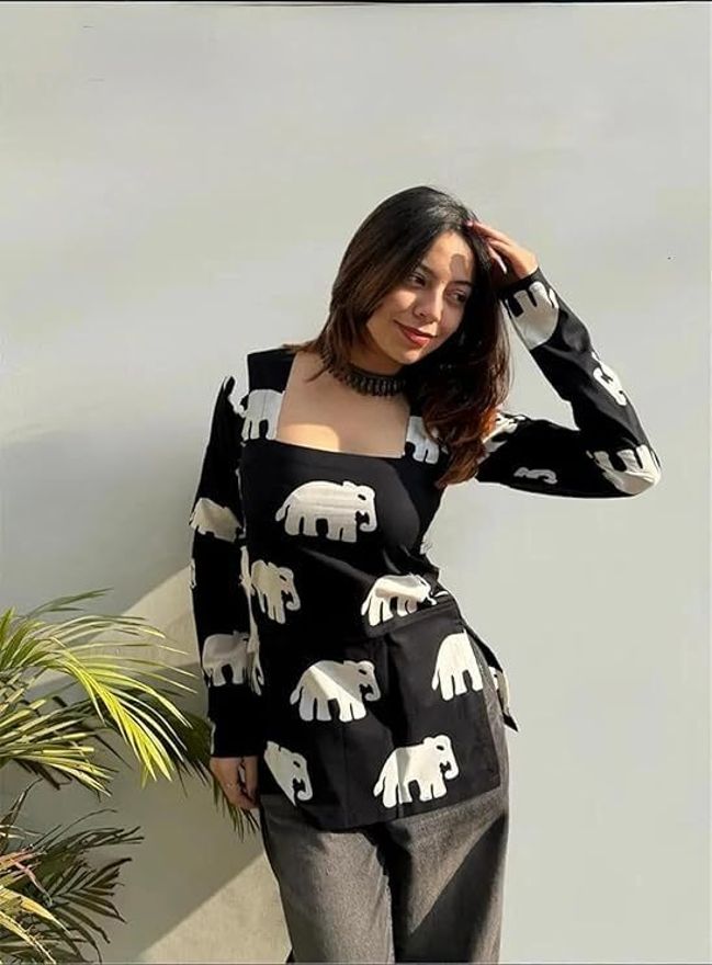 grk with device Casual Regular Sleeves Printed, Animal Print Women Black Top-picture-26