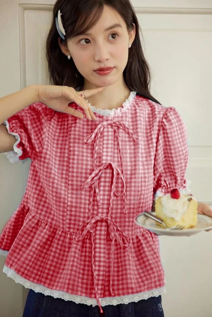 Casual Puff Sleeves Checkered Women Red Top-image-36