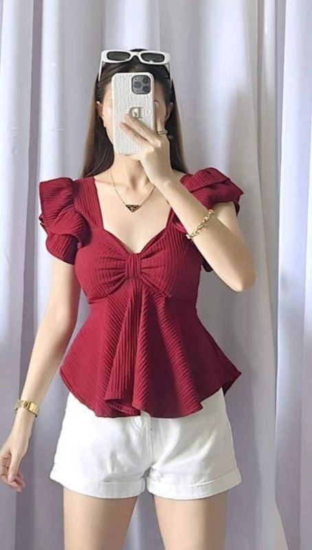 Casual Puff Sleeves Solid Women Maroon Top-image-34
