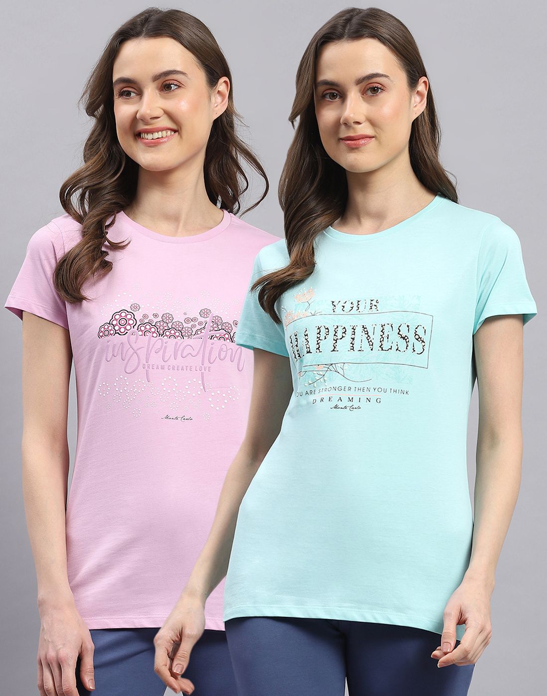 monte carlo Pack of 2 Women Printed Round Neck Cotton Blend Blue, Purple T-Shirt-picture-13